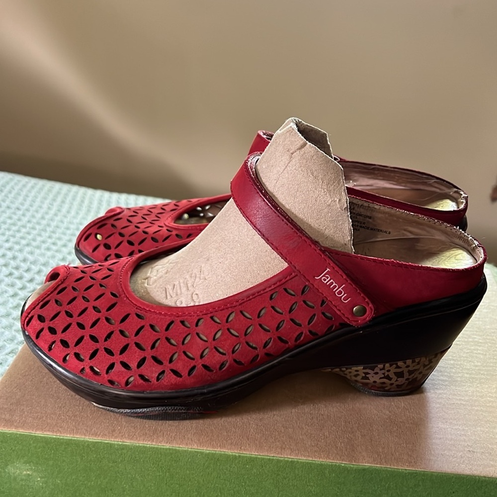 Jambu Red Mules with Perforated Design and Ankle Strap - Picture 3 of 6